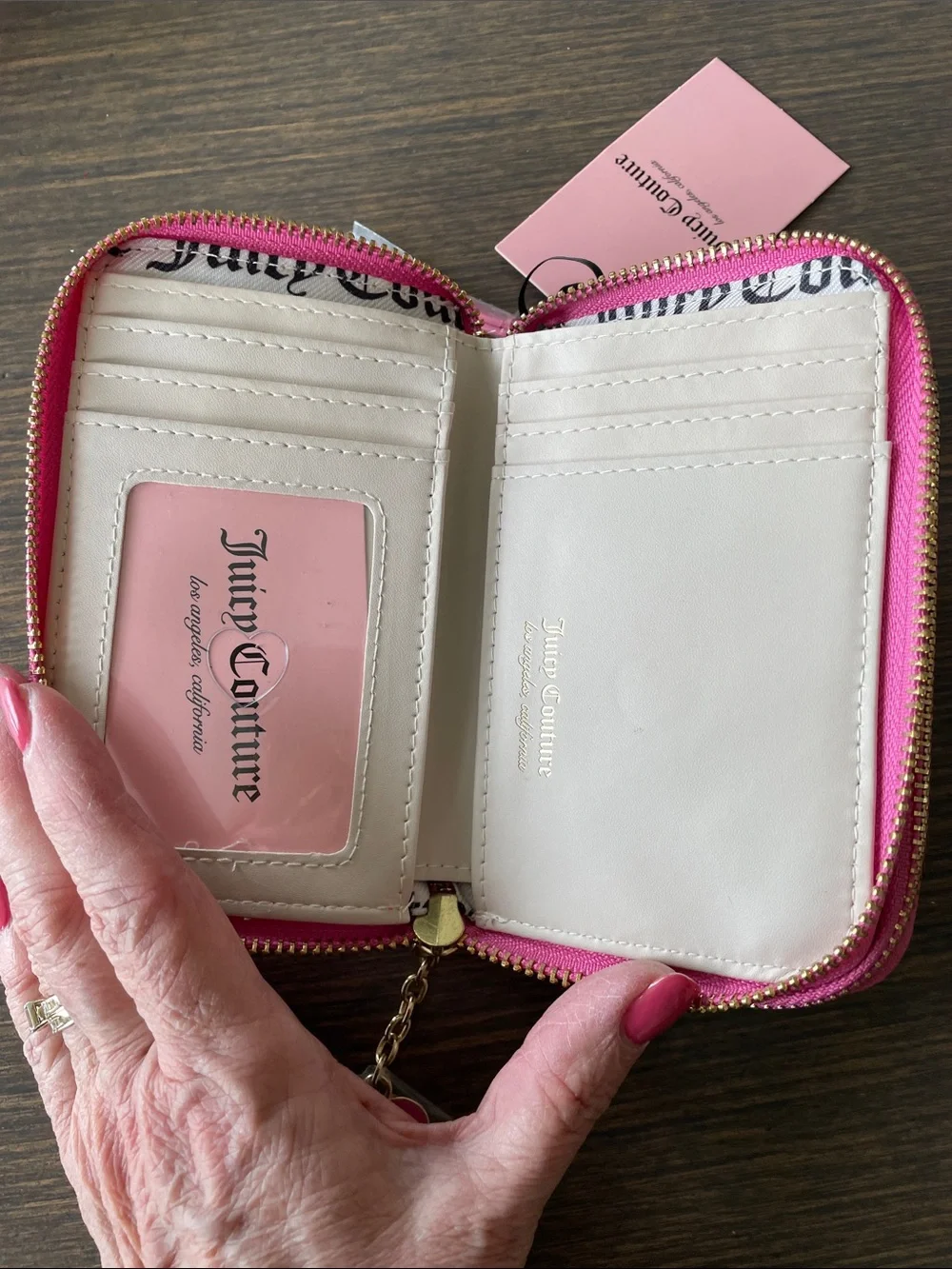 JUICY COUTURE “GOOD TIMES” MEDIUM DB. ZIP AROUND WALLET Heart Embossed Hot Pink